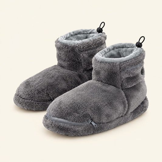 Pair of charcoal grey Hearthfoot heated slipper boots with drawstring cuffs